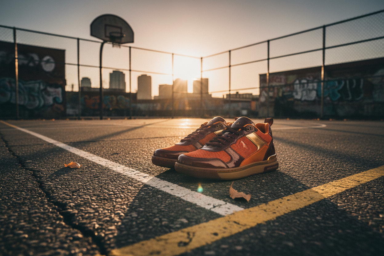 aesthitic image of sneakers in street style in a basketball terrain 